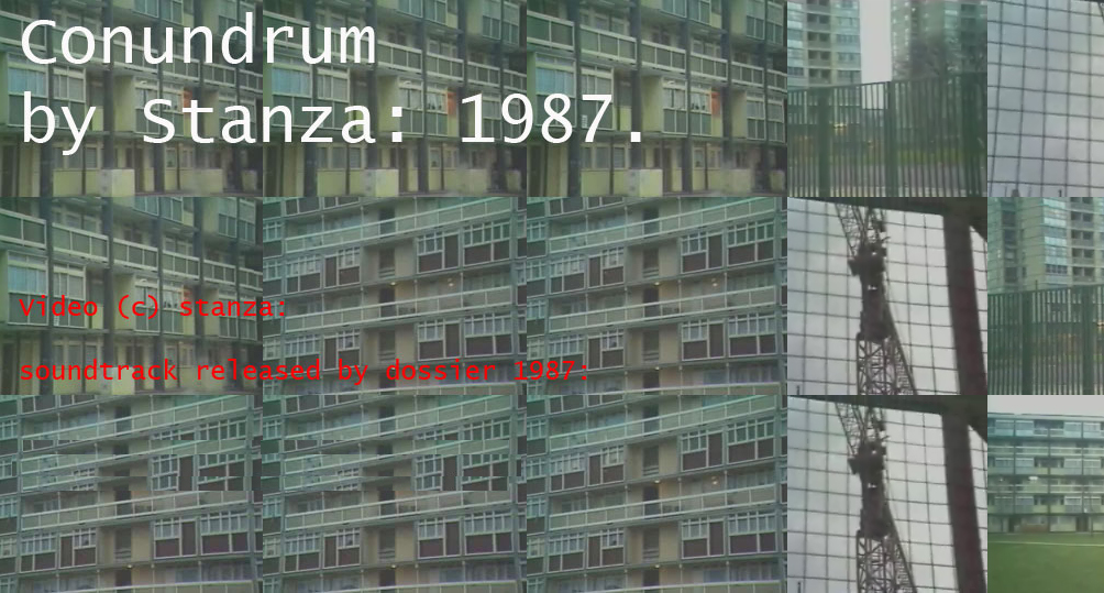 conundrum by stanza. Video Made in 1987. 30 mins long available for screening on DVD and VHS. Also released with LP of the same name in 1987. Conundrum from 1987, is a concept LP and video release, about the nature of London’s urban environment. The video is shot in South London and edited in TV studios with extensive post production. The LP uses found sounds mixed together into a heavy industrial landscape. This is a series of continually edited and reprocessed urban images and forms containing isolated fragments of our city experience.