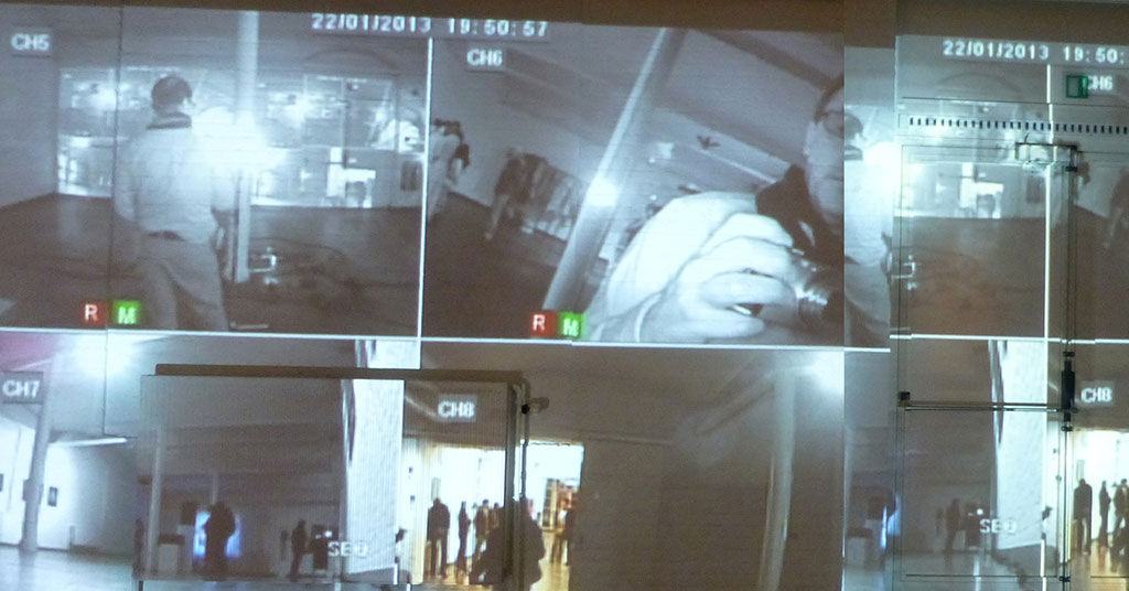A surveillance system that incorporates the visitors to the gallery inside the artwort, as a performative spectacle of surveillance. 2008. 