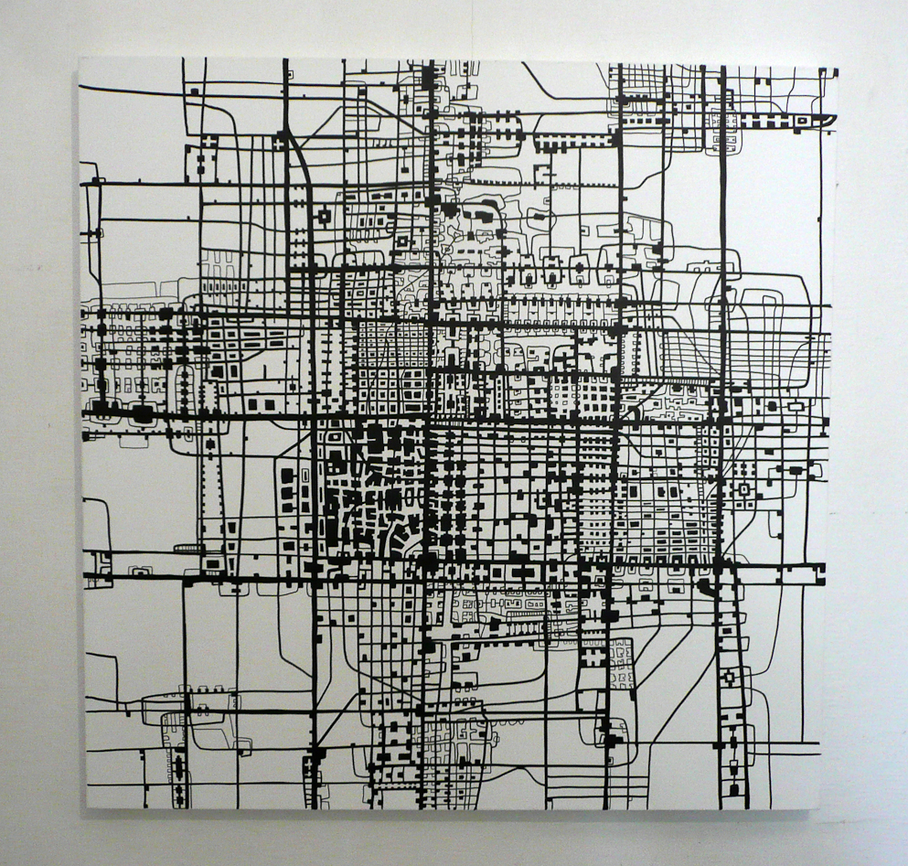 Stanza . 100cm by 100 cm drawing on canvas 2010,  Maps as art, maps, painting of maps and grids, Urban , informational city, city and statistics , art maps  