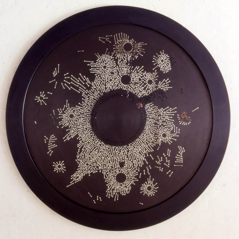 Drawing by hand on mirror, sandblasted, graphit. The white bits are mirror plate and are refective. Large circle 150 cm diameter in size. Artwork By Stanza 