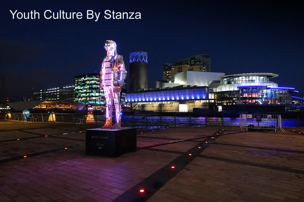 Youth Culture By Stanza. Large Light night sculpture with data and screens. data art and city wide engagement